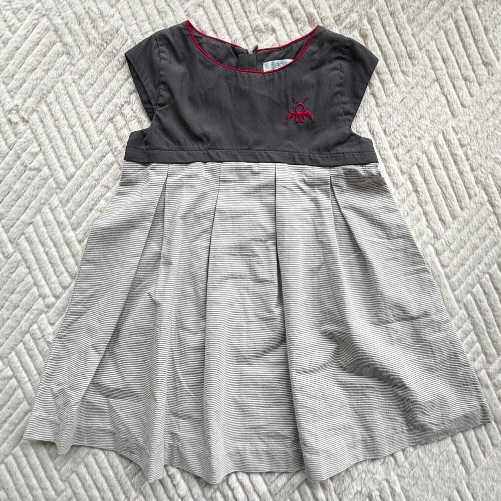 Okaidi Girls 3Y Gray Pleated Dress French Designer Cap Sleeve Cotton
